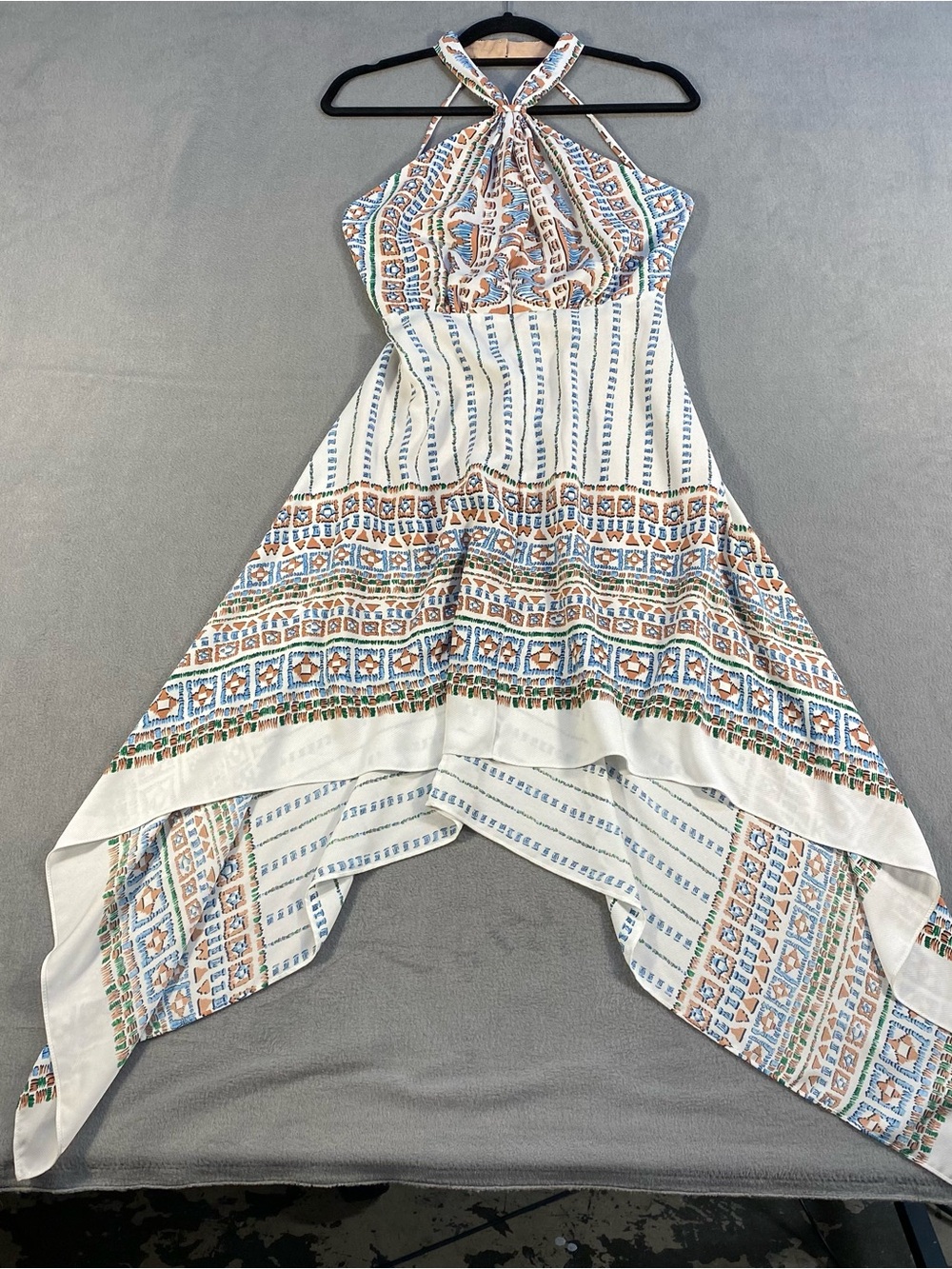 BCBGMaxAzria women’s White Print Danela Halter Scarf Dress, open back, size 0